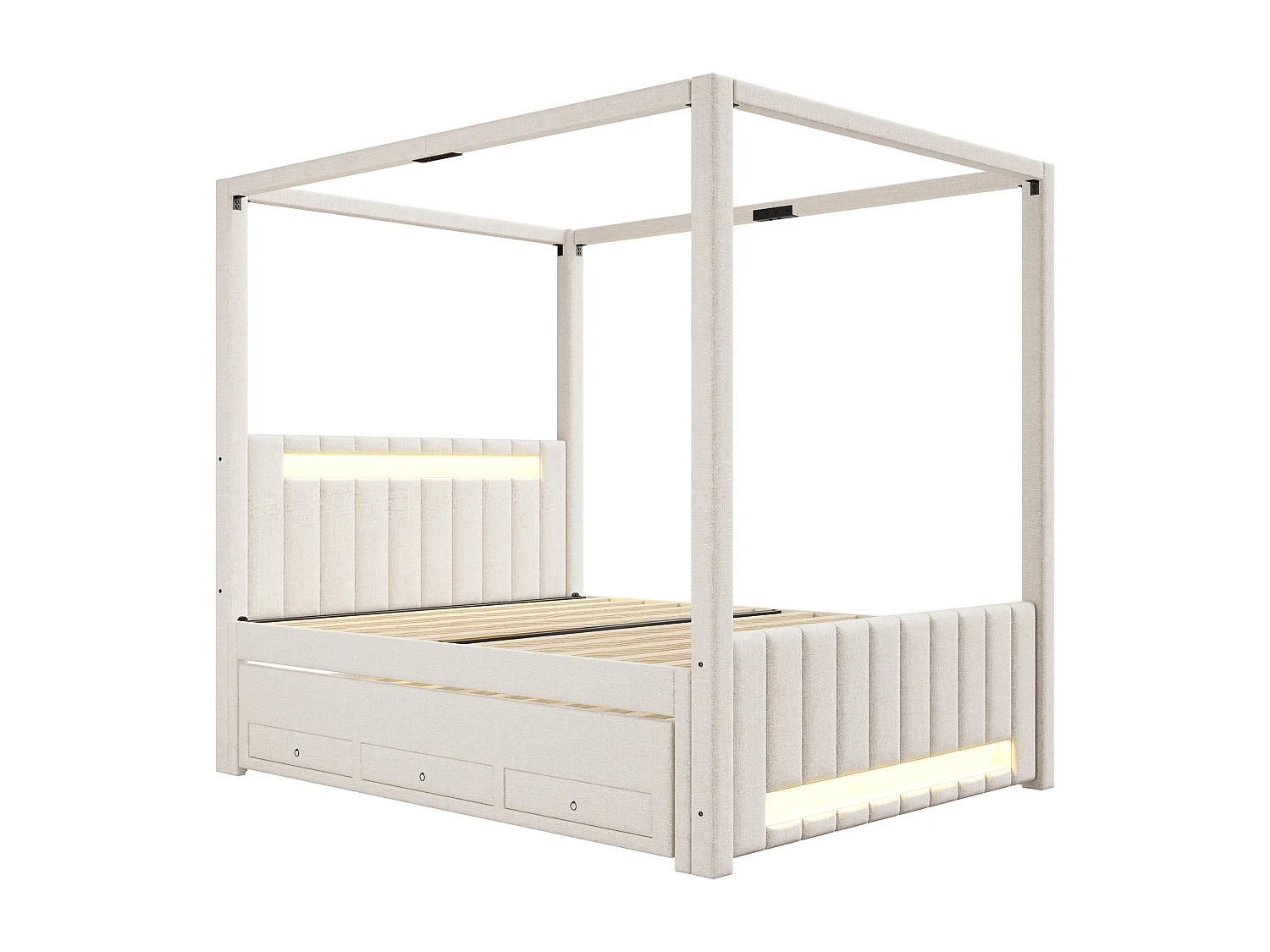 Pikowane łóżko podwójne 140x200cm - z baldachimem - Z opuszczaną ramą łóżka i 3 szufladami - Oświetlenie LED - Beżowy​ (materac nie jest wliczony w cenę)