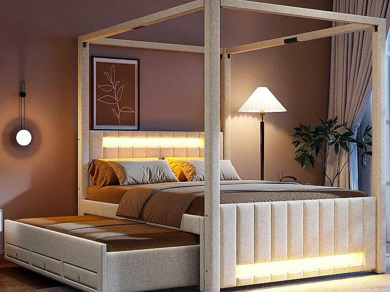 Gepolstertes Doppelbett 140x200cm - mit Himmelbett - mit ausziehbarem Bettgestell und 3 Schubladen - LED-Beleuchtung - Beige​ (Matratze nicht inbegriffen)