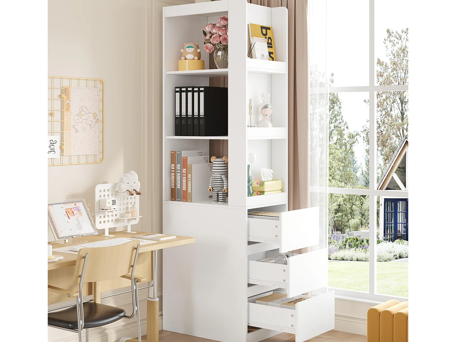 Bücherregal 200 cm hoch - 3 offene Regale und 3 Schubladen - Kann links oder rechts platziert werden - Spanplatten - Weiß