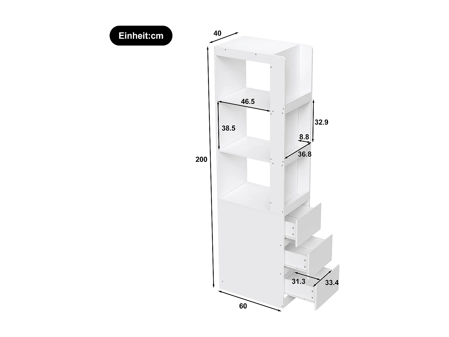 Bücherregal 200 cm hoch - 3 offene Regale und 3 Schubladen - Kann links oder rechts platziert werden - Spanplatten - Weiß