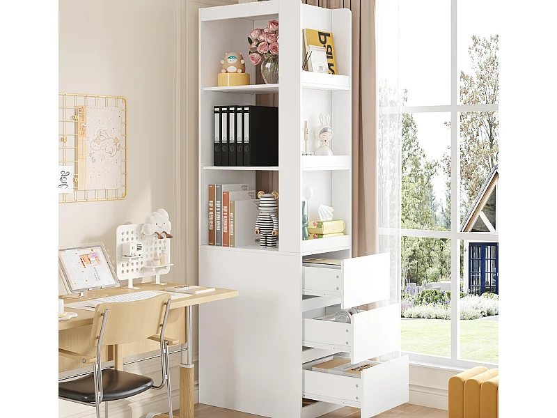 Bücherregal 200 cm hoch - 3 offene Regale und 3 Schubladen - Kann links oder rechts platziert werden - Spanplatten - Weiß