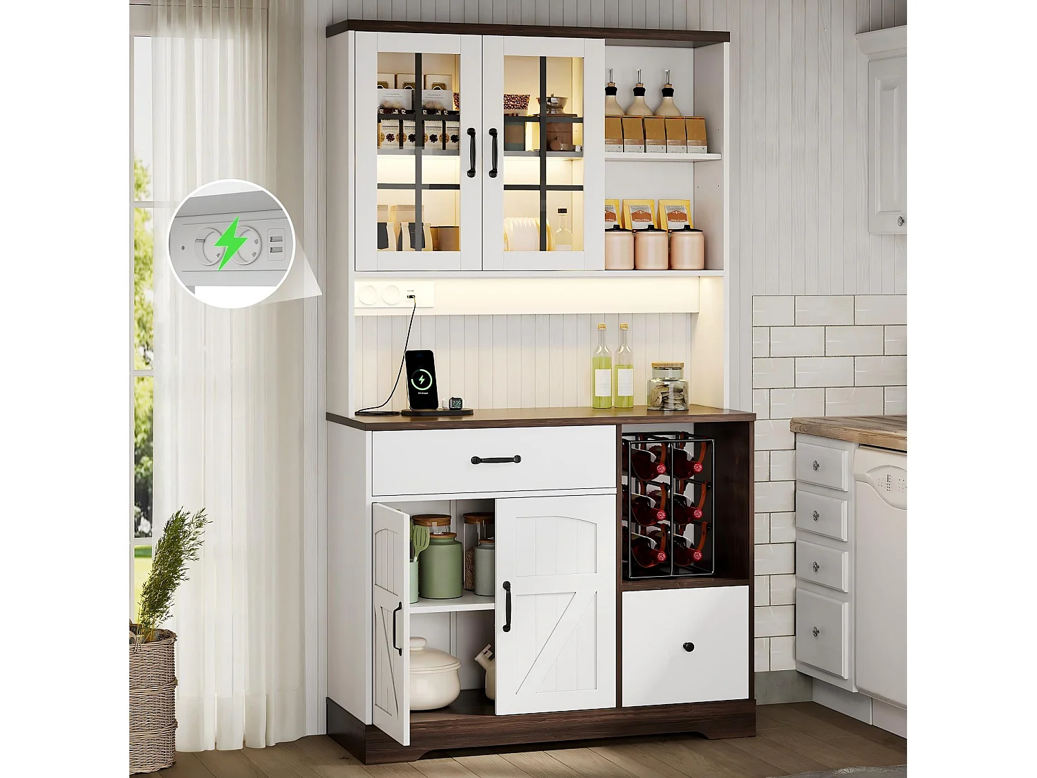 Kredens kuchenny w stylu stodoły - 105 x 40 x 185 cm - z 2 szufladami + diodami LED i gniazdkami + 4 drzwi - MDF - biały