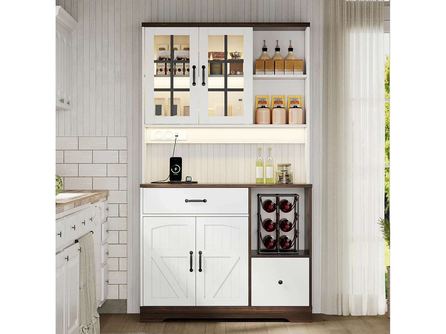 Kredens kuchenny w stylu stodoły - 105 x 40 x 185 cm - z 2 szufladami + diodami LED i gniazdkami + 4 drzwi - MDF - biały