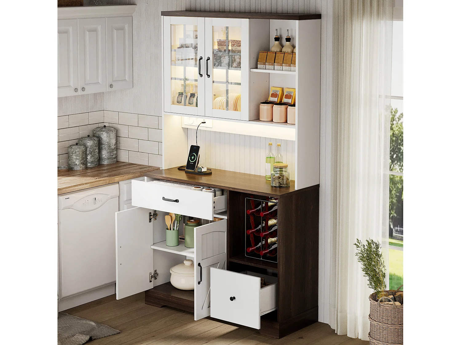 Kredens kuchenny w stylu stodoły - 105 x 40 x 185 cm - z 2 szufladami + diodami LED i gniazdkami + 4 drzwi - MDF - biały