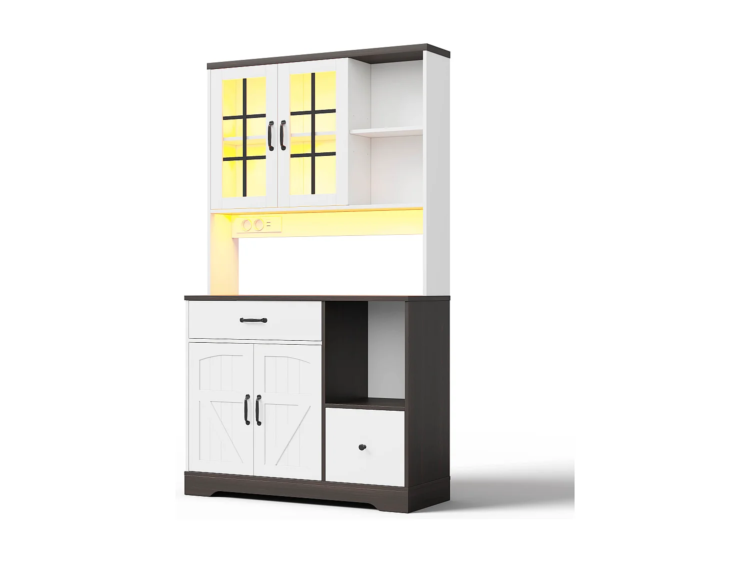 Kredens kuchenny w stylu stodoły - 105 x 40 x 185 cm - z 2 szufladami + diodami LED i gniazdkami + 4 drzwi - MDF - biały