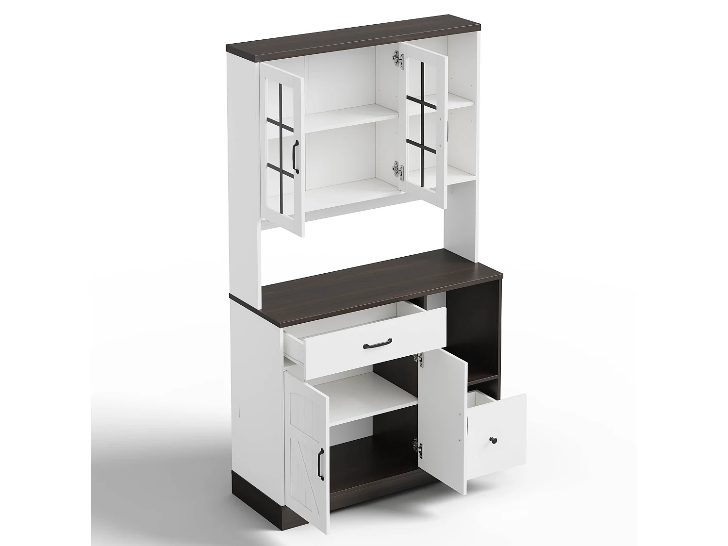 Kredens kuchenny w stylu stodoły - 105 x 40 x 185 cm - z 2 szufladami + diodami LED i gniazdkami + 4 drzwi - MDF - biały