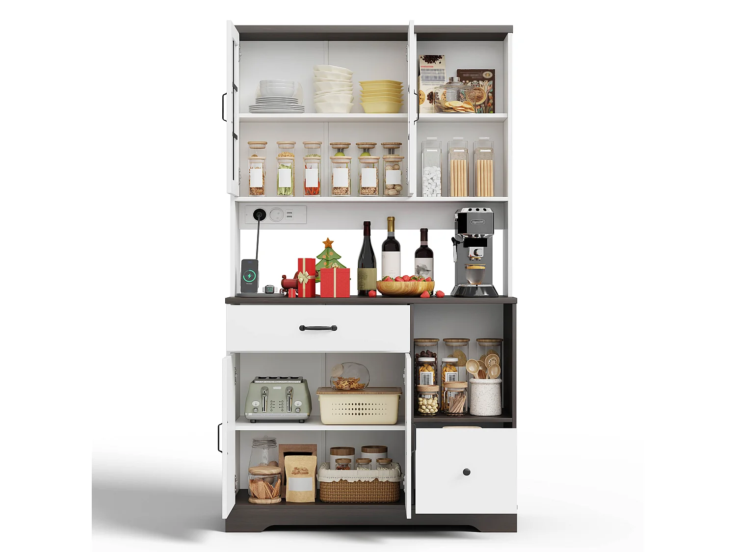 Kredens kuchenny w stylu stodoły - 105 x 40 x 185 cm - z 2 szufladami + diodami LED i gniazdkami + 4 drzwi - MDF - biały