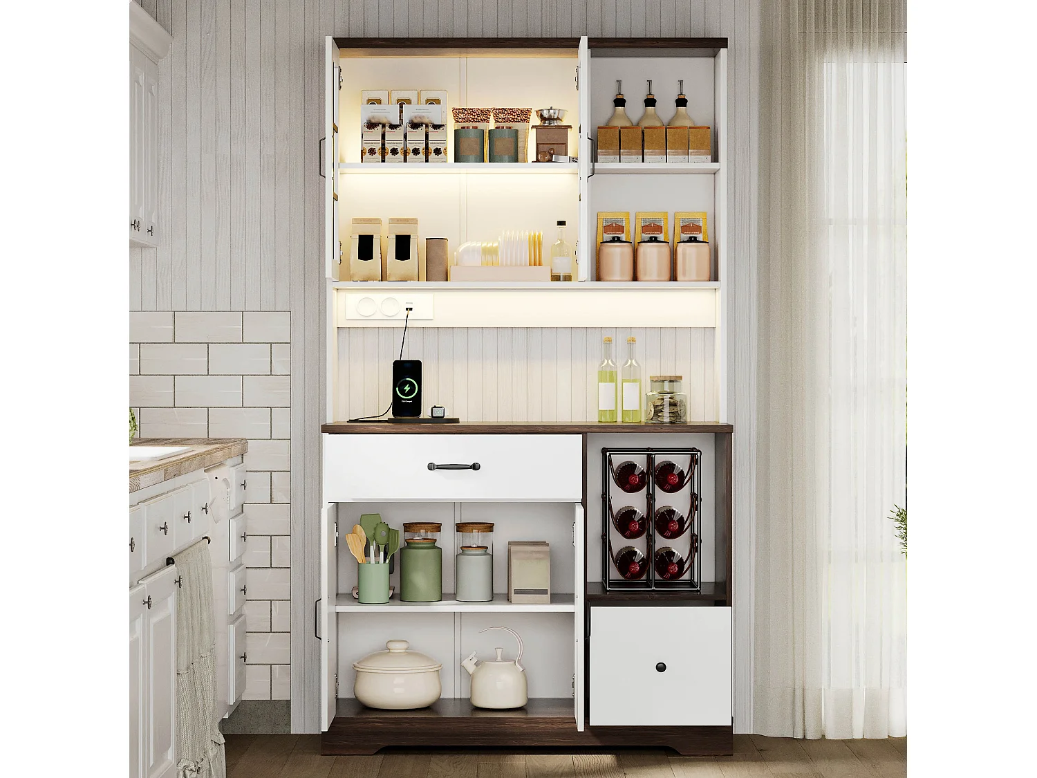 Kredens kuchenny w stylu stodoły - 105 x 40 x 185 cm - z 2 szufladami + diodami LED i gniazdkami + 4 drzwi - MDF - biały