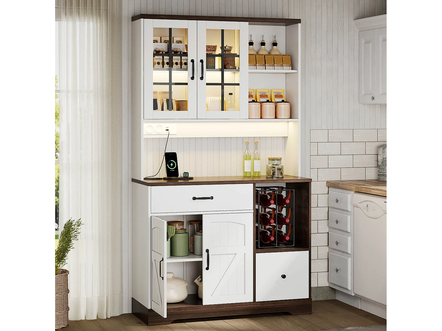 Kredens kuchenny w stylu stodoły - 105 x 40 x 185 cm - z 2 szufladami + diodami LED i gniazdkami + 4 drzwi - MDF - biały