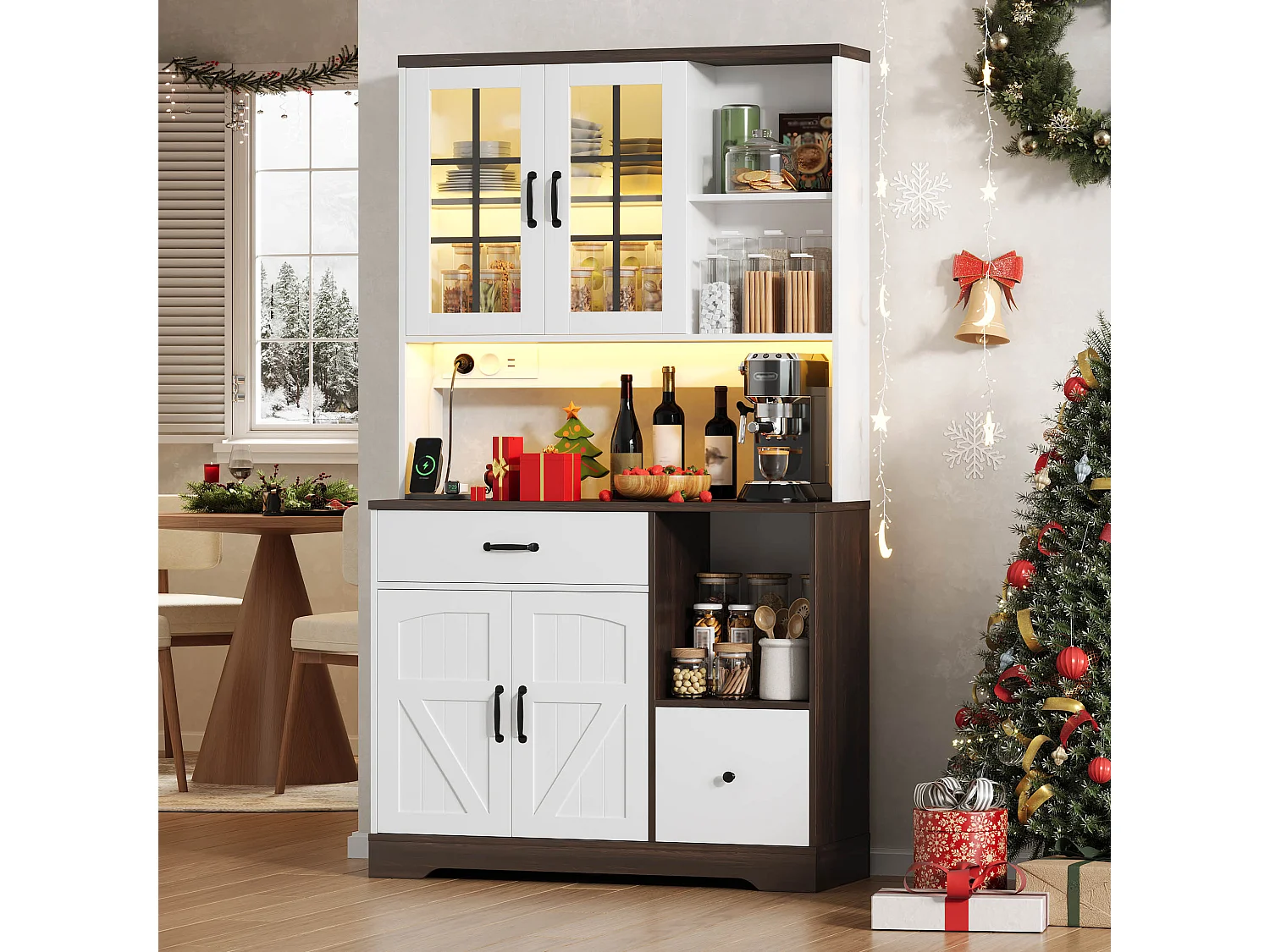 Kredens kuchenny w stylu stodoły - 105 x 40 x 185 cm - z 2 szufladami + diodami LED i gniazdkami + 4 drzwi - MDF - biały