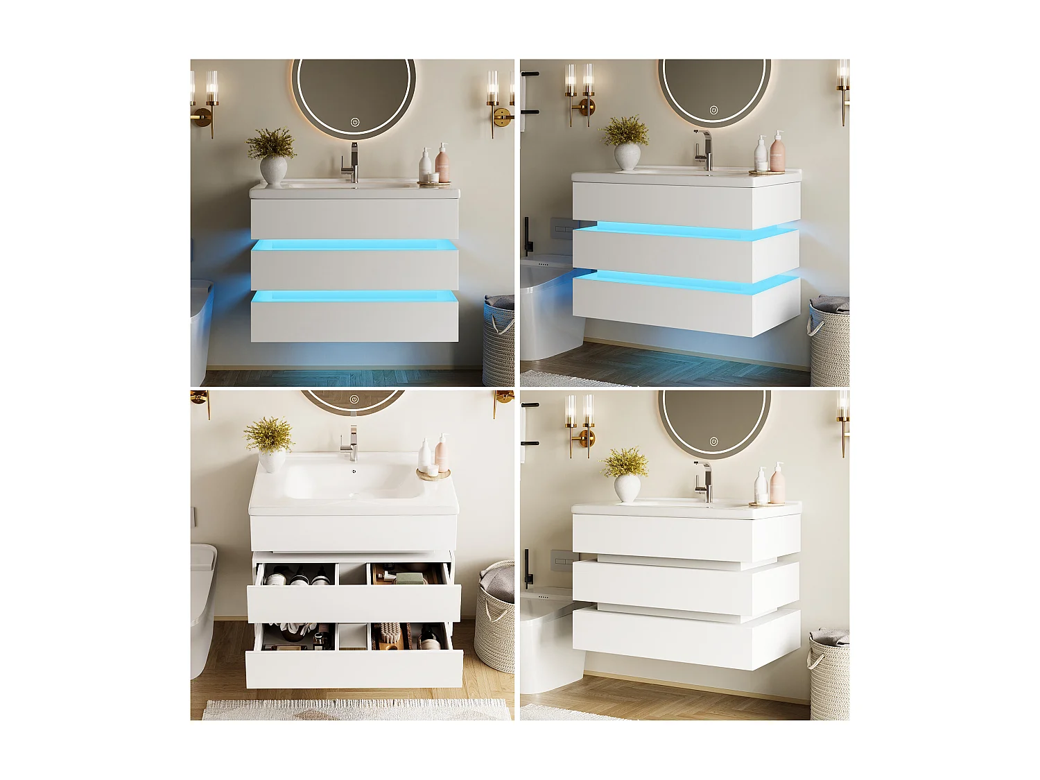 Wandhängender Waschtisch mit Keramikwaschbecken – 81 x 47,5 x 57 cm – mit LED-Beleuchtung + 2 Schubladen – MDF – weiß