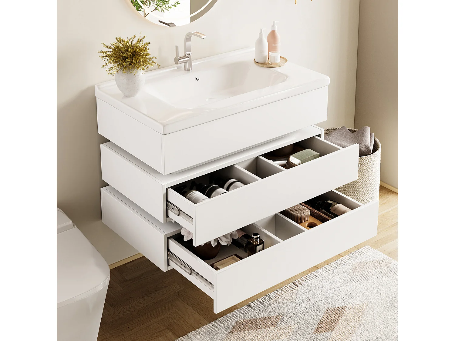 Wandhängender Waschtisch mit Keramikwaschbecken – 81 x 47,5 x 57 cm – mit LED-Beleuchtung + 2 Schubladen – MDF – weiß