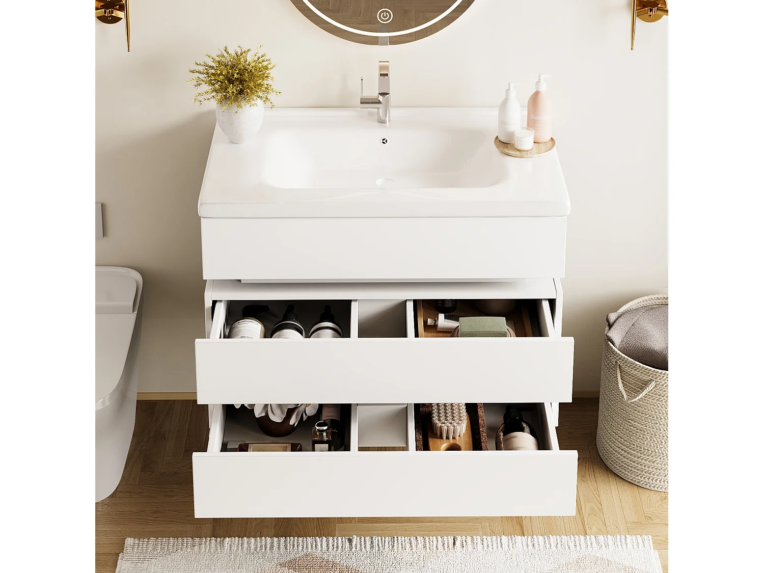 Wandhängender Waschtisch mit Keramikwaschbecken – 81 x 47,5 x 57 cm – mit LED-Beleuchtung + 2 Schubladen – MDF – weiß