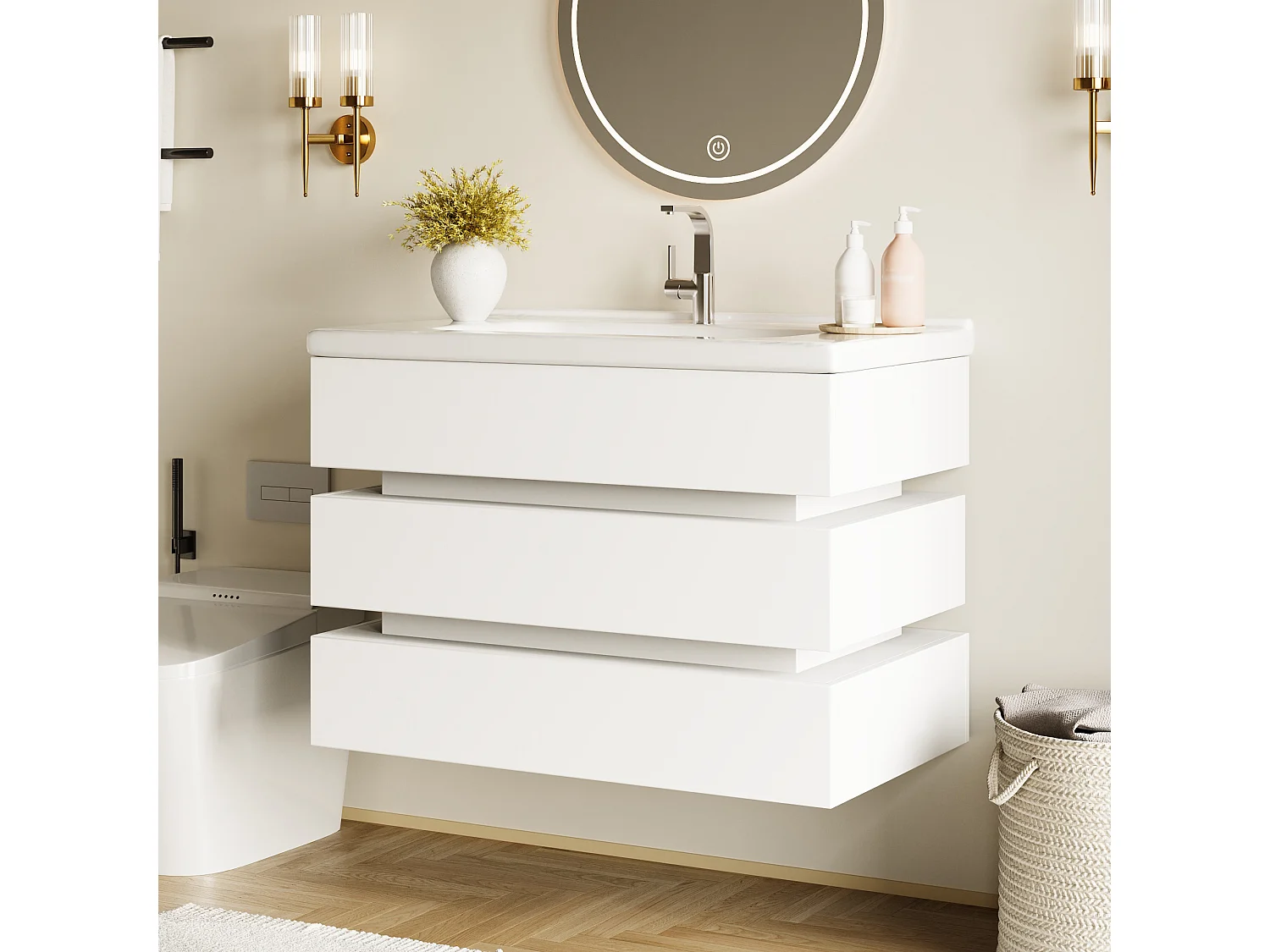 Wandhängender Waschtisch mit Keramikwaschbecken – 81 x 47,5 x 57 cm – mit LED-Beleuchtung + 2 Schubladen – MDF – weiß