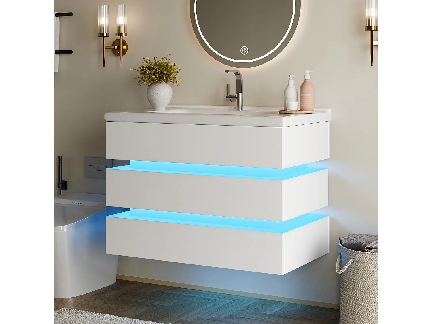 Wandhängender Waschtisch mit Keramikwaschbecken – 81 x 47,5 x 57 cm – mit LED-Beleuchtung + 2 Schubladen – MDF – weiß