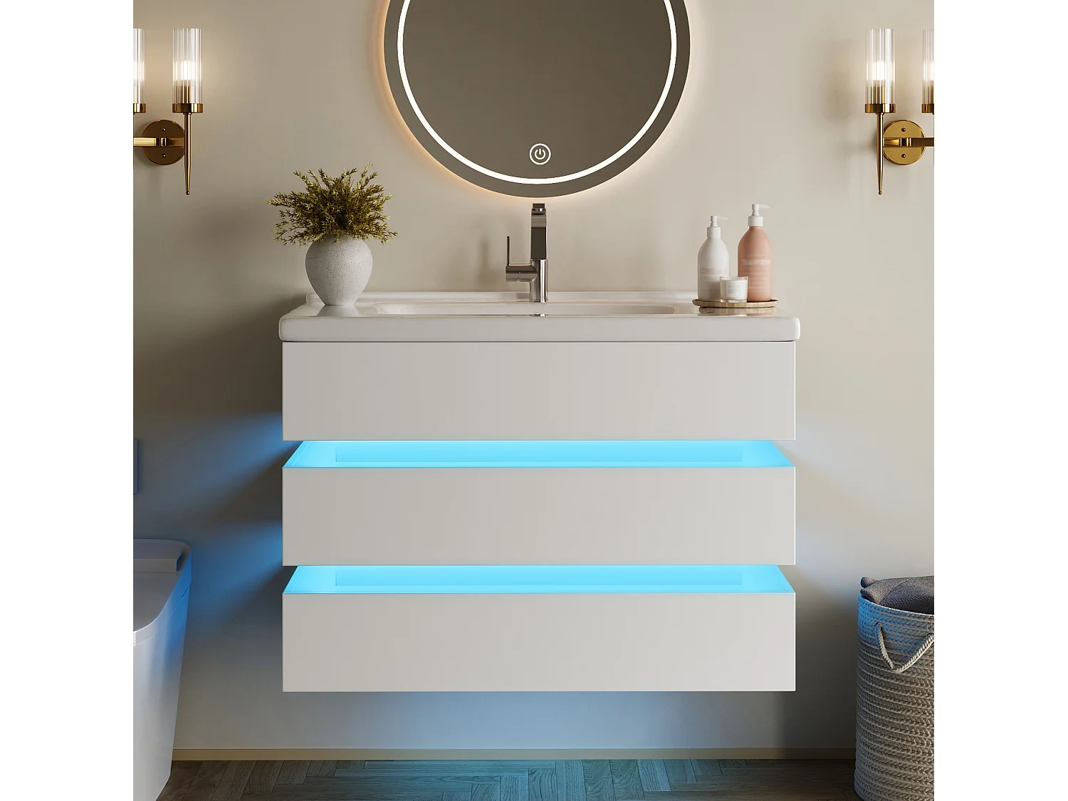 Wandhängender Waschtisch mit Keramikwaschbecken – 81 x 47,5 x 57 cm – mit LED-Beleuchtung + 2 Schubladen – MDF – weiß