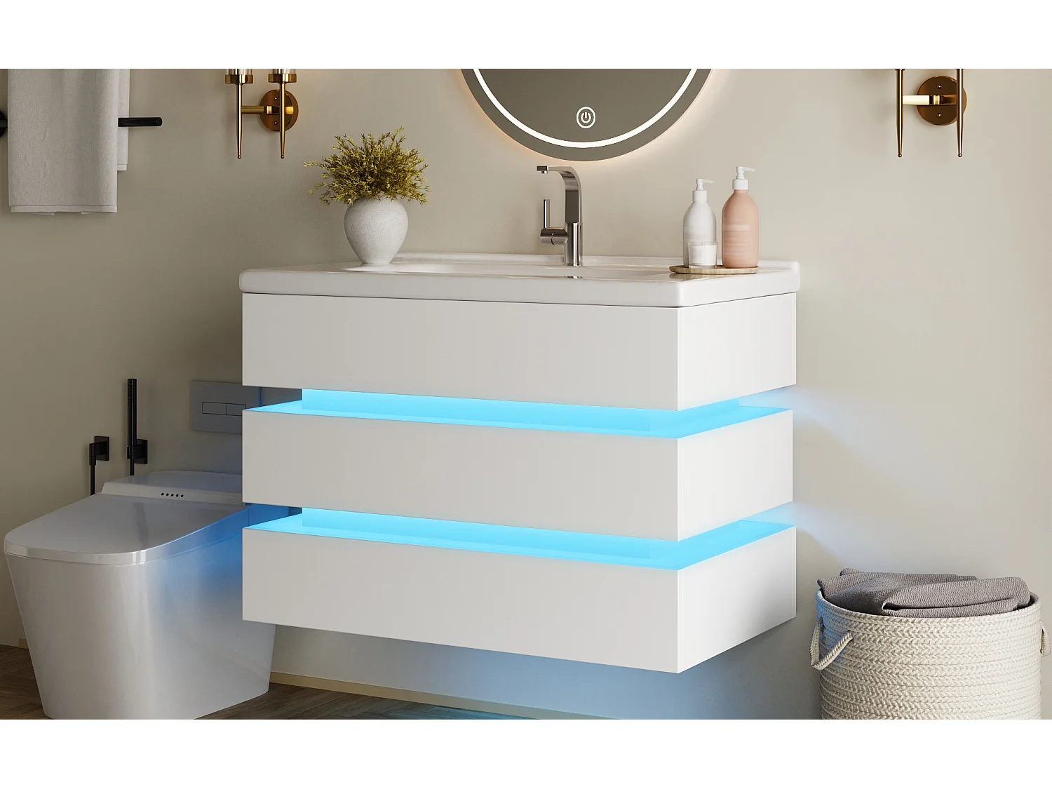 Wandhängender Waschtisch mit Keramikwaschbecken – 81 x 47,5 x 57 cm – mit LED-Beleuchtung + 2 Schubladen – MDF – weiß