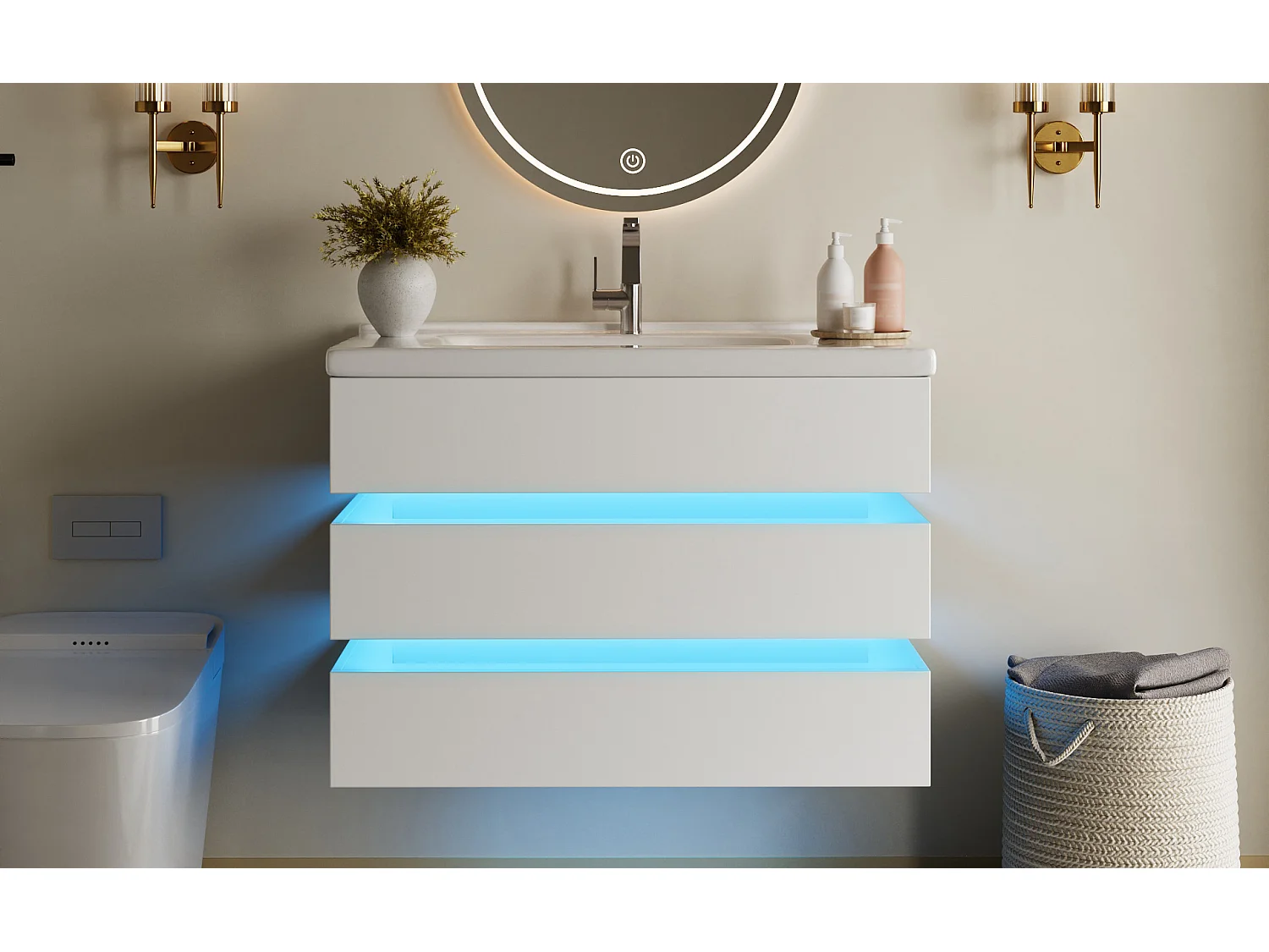 Wandhängender Waschtisch mit Keramikwaschbecken – 81 x 47,5 x 57 cm – mit LED-Beleuchtung + 2 Schubladen – MDF – weiß