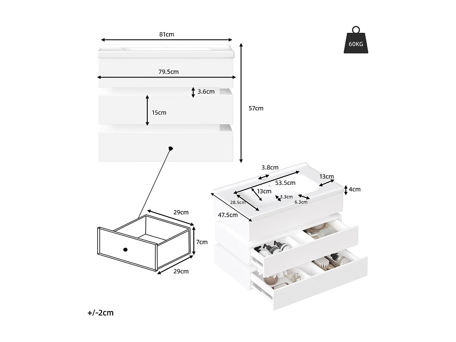 Wandhängender Waschtisch mit Keramikwaschbecken – 81 x 47,5 x 57 cm – mit LED-Beleuchtung + 2 Schubladen – MDF – weiß