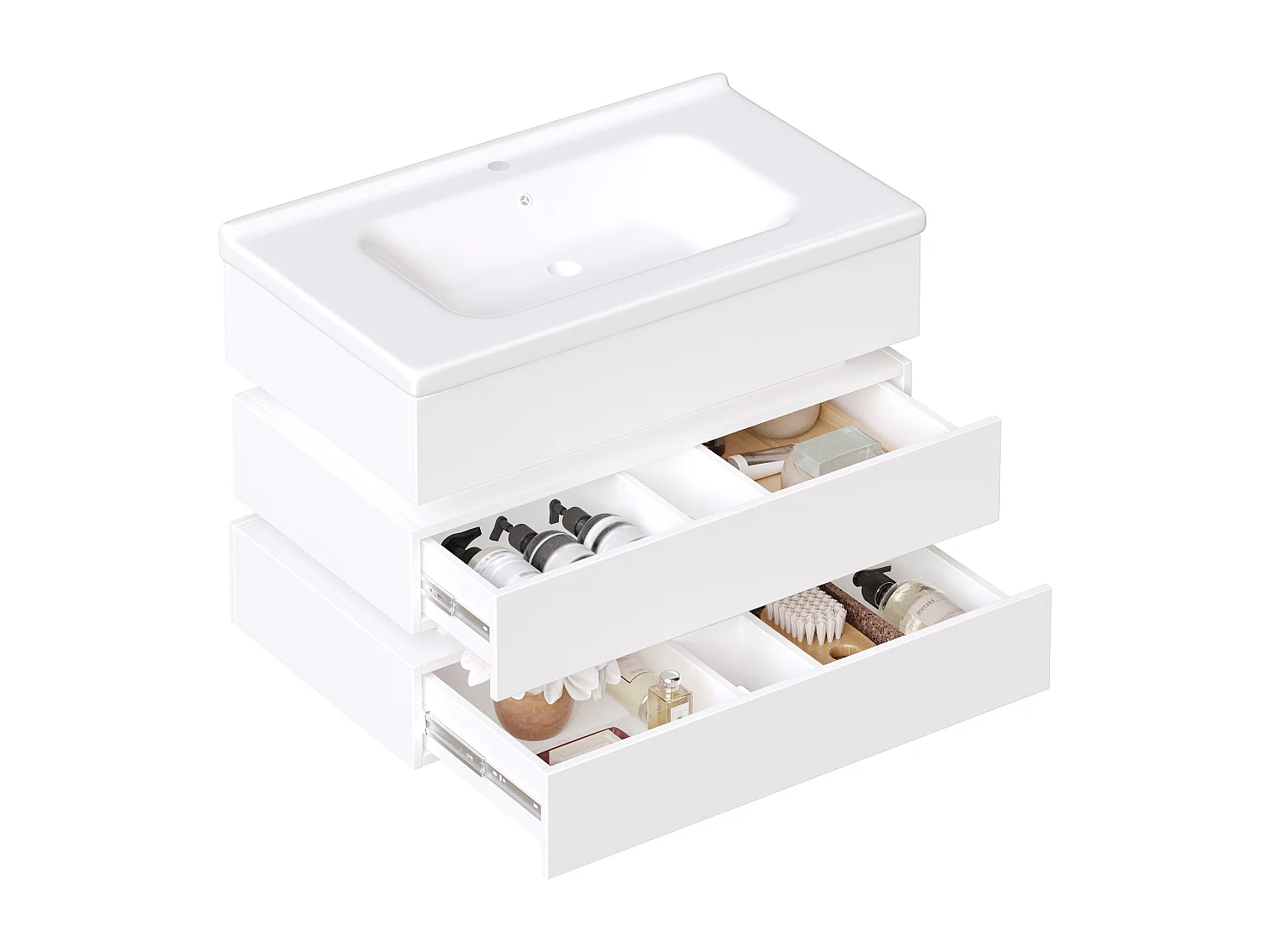 Wandhängender Waschtisch mit Keramikwaschbecken – 81 x 47,5 x 57 cm – mit LED-Beleuchtung + 2 Schubladen – MDF – weiß