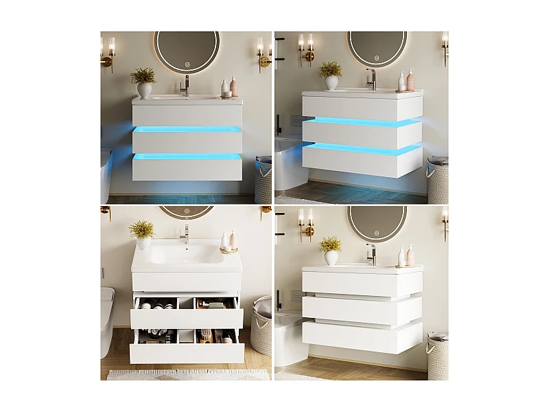 Wandhängender Waschtisch mit Keramikwaschbecken – 81 x 47,5 x 57 cm – mit LED-Beleuchtung + 2 Schubladen – MDF – weiß