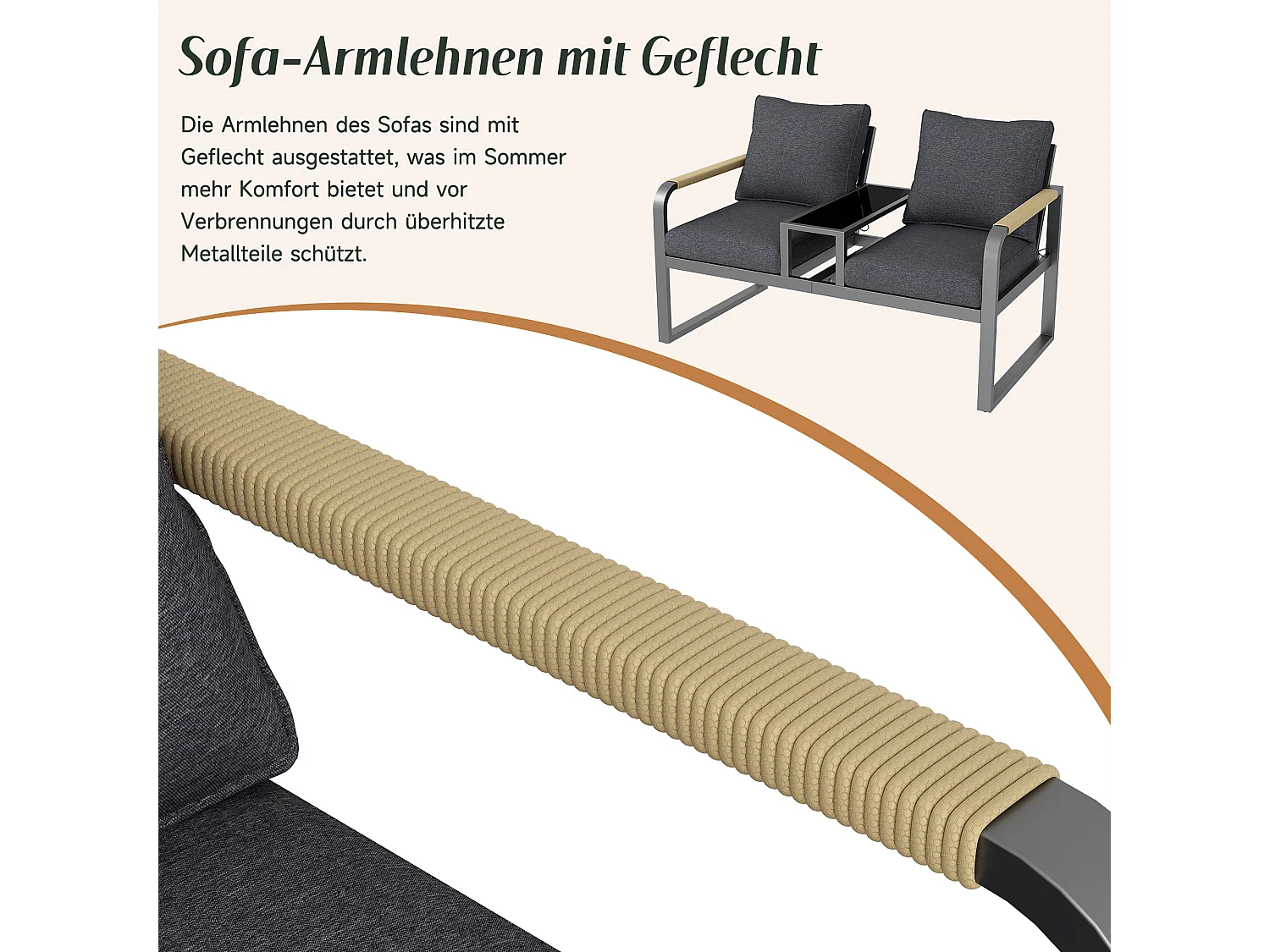 2-Sitzer-Gartensofa – 137 x 75 x 78,5 cm – mit Kissen, Armlehnen und Glasplatte – Metall – grau