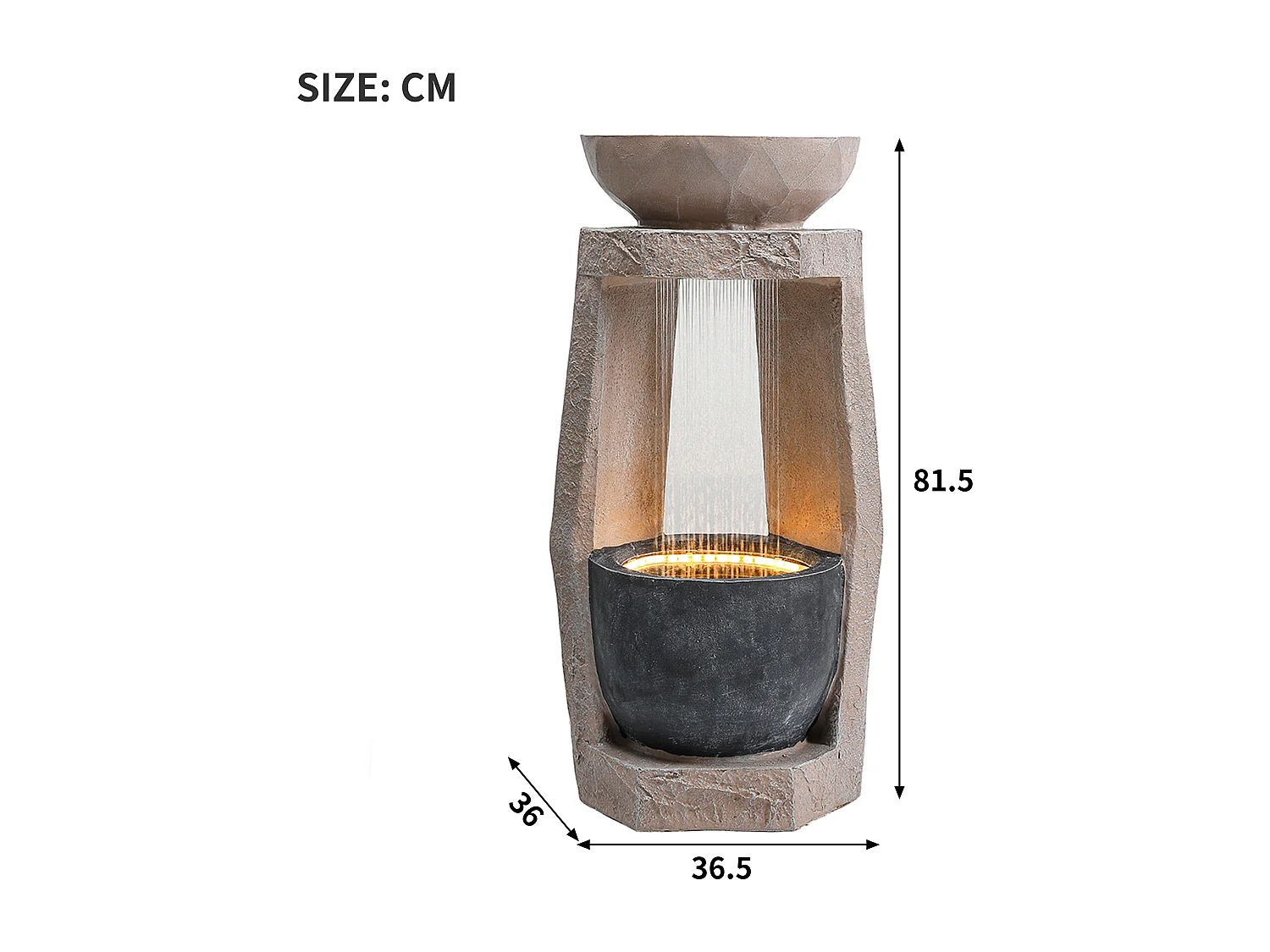 Tuinfontein voor tuin en terras - 36,5 x 36 x 81,5 cm - met LED's + waterpomp - Kunsthars - beige