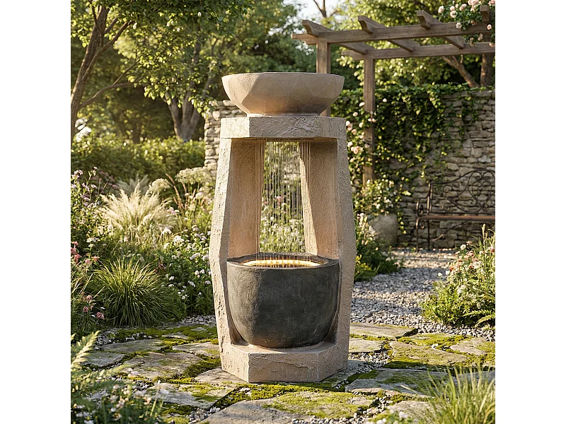 Tuinfontein voor tuin en terras - 36,5 x 36 x 81,5 cm - met LED's + waterpomp - Kunsthars - beige