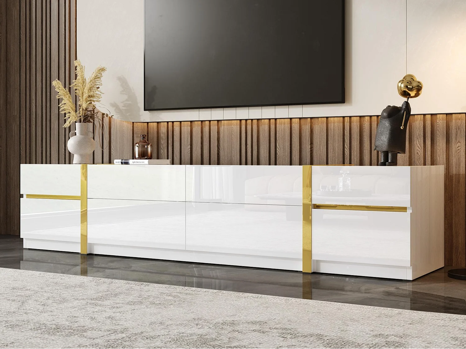 Moderner TV-Schrank 180x40x38 cm - Hochglanz-Finish - 4 Schubladen und 2 Türen - goldene Kanten - MDF - weiß