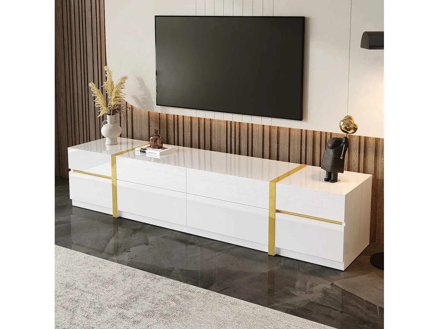 Moderner TV-Schrank 180x40x38 cm - Hochglanz-Finish - 4 Schubladen und 2 Türen - goldene Kanten - MDF - weiß