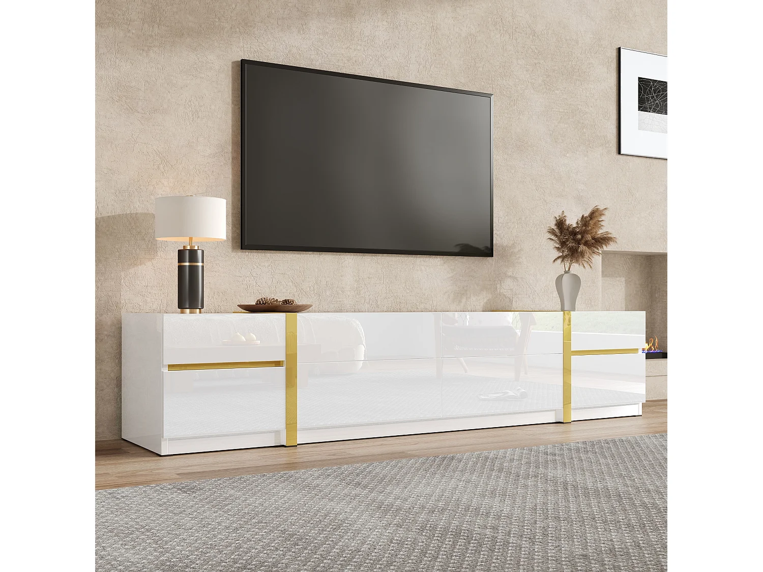 Moderner TV-Schrank 180x40x38 cm - Hochglanz-Finish - 4 Schubladen und 2 Türen - goldene Kanten - MDF - weiß