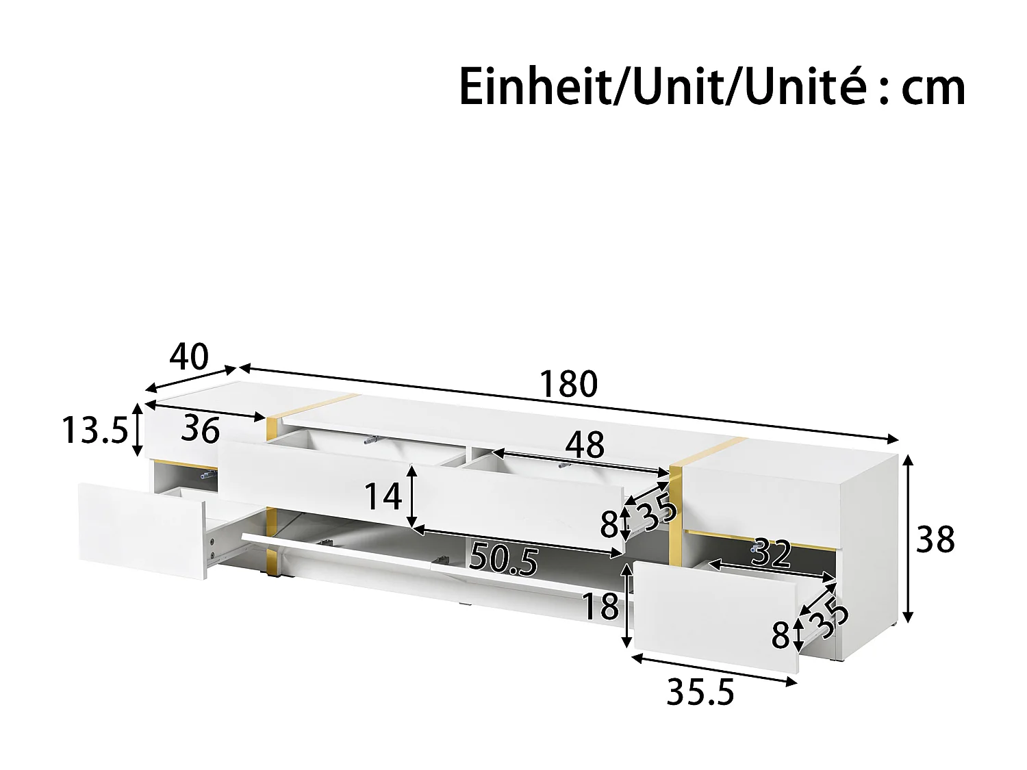 Moderner TV-Schrank 180x40x38 cm - Hochglanz-Finish - 4 Schubladen und 2 Türen - goldene Kanten - MDF - weiß