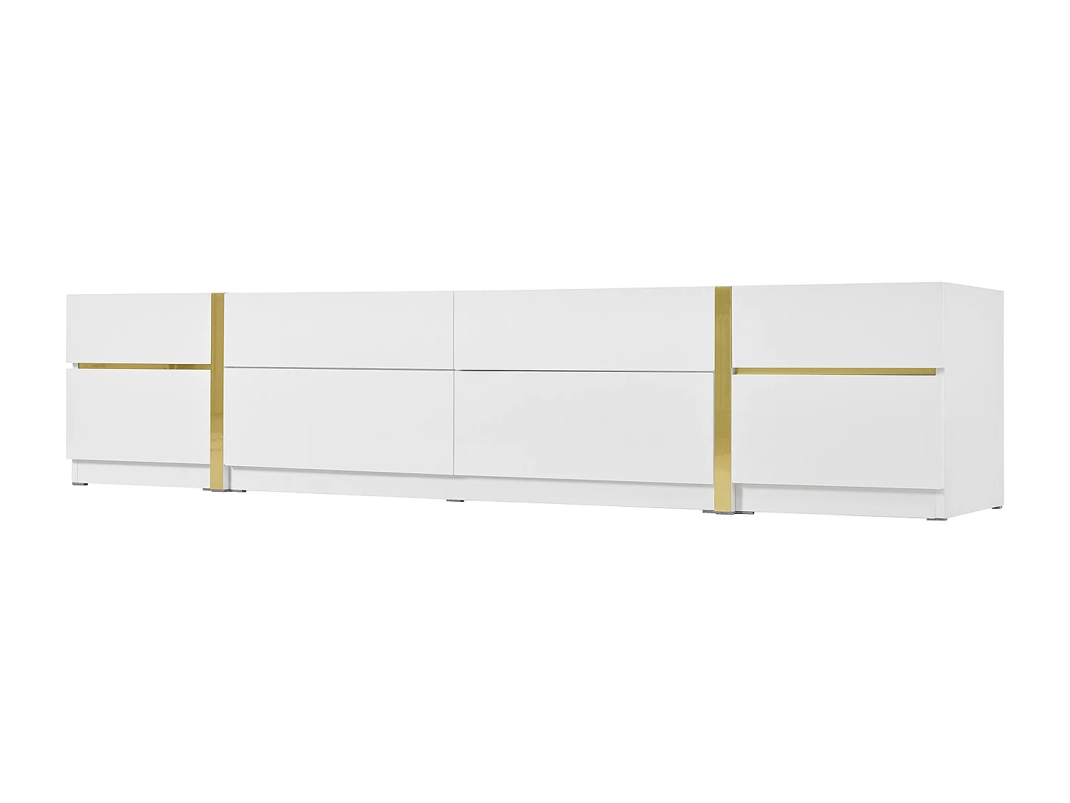 Moderner TV-Schrank 180x40x38 cm - Hochglanz-Finish - 4 Schubladen und 2 Türen - goldene Kanten - MDF - weiß