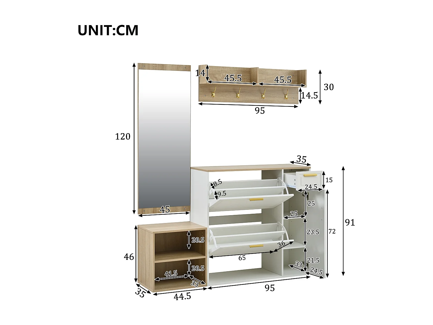 4-teiliges Kleiderschrank-/Aufbewahrungsset – mit Schuhschrank, Bank, Wandgarderobe und Spiegel – Spanplatte – weiß