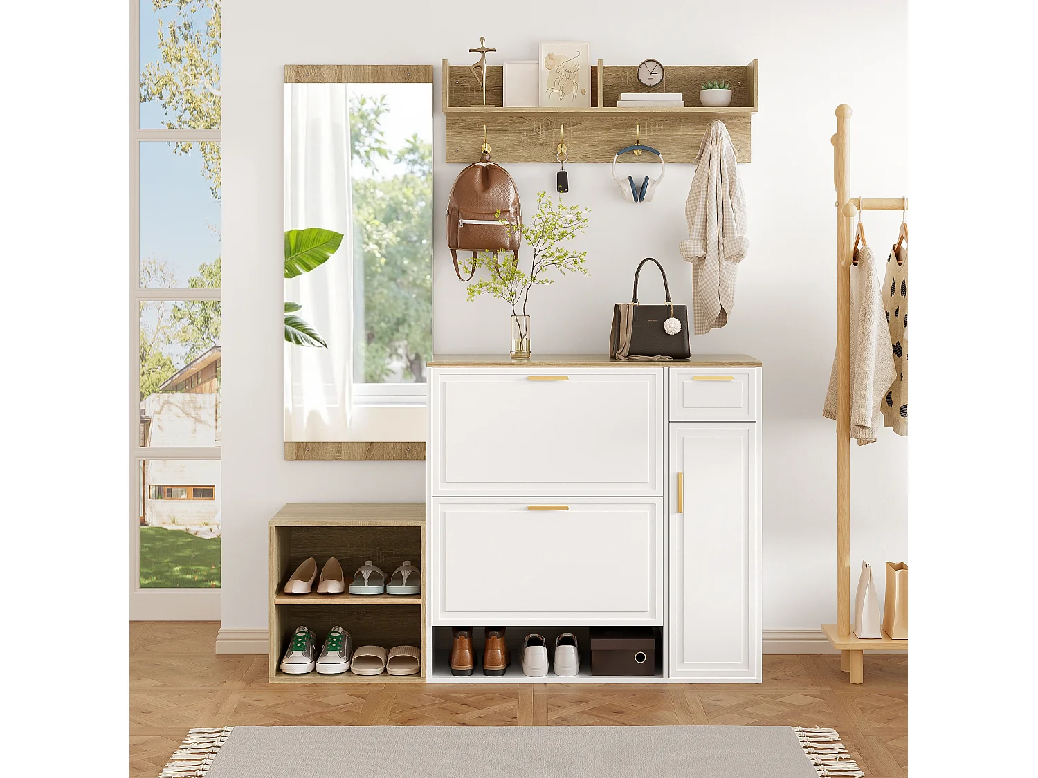 4-teiliges Kleiderschrank-/Aufbewahrungsset – mit Schuhschrank, Bank, Wandgarderobe und Spiegel – Spanplatte – weiß
