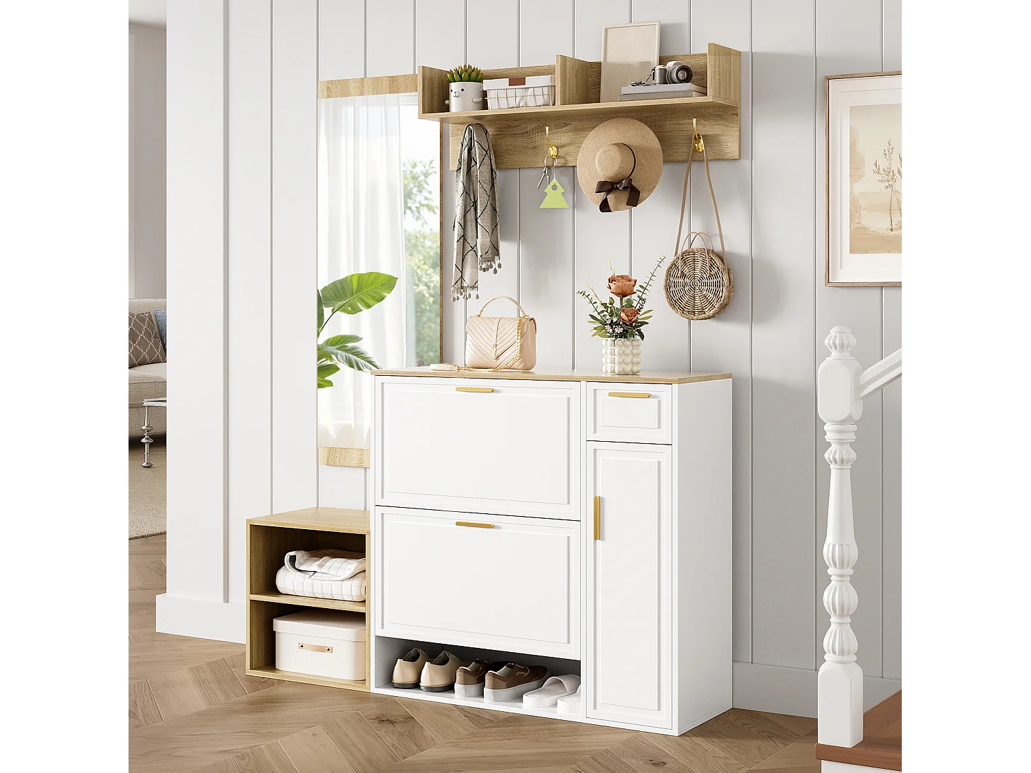 4-teiliges Kleiderschrank-/Aufbewahrungsset – mit Schuhschrank, Bank, Wandgarderobe und Spiegel – Spanplatte – weiß