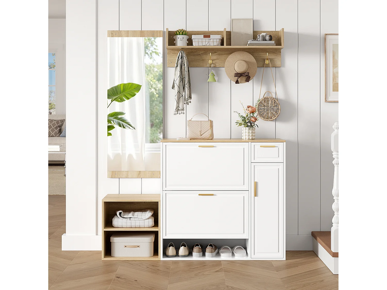 4-teiliges Kleiderschrank-/Aufbewahrungsset – mit Schuhschrank, Bank, Wandgarderobe und Spiegel – Spanplatte – weiß