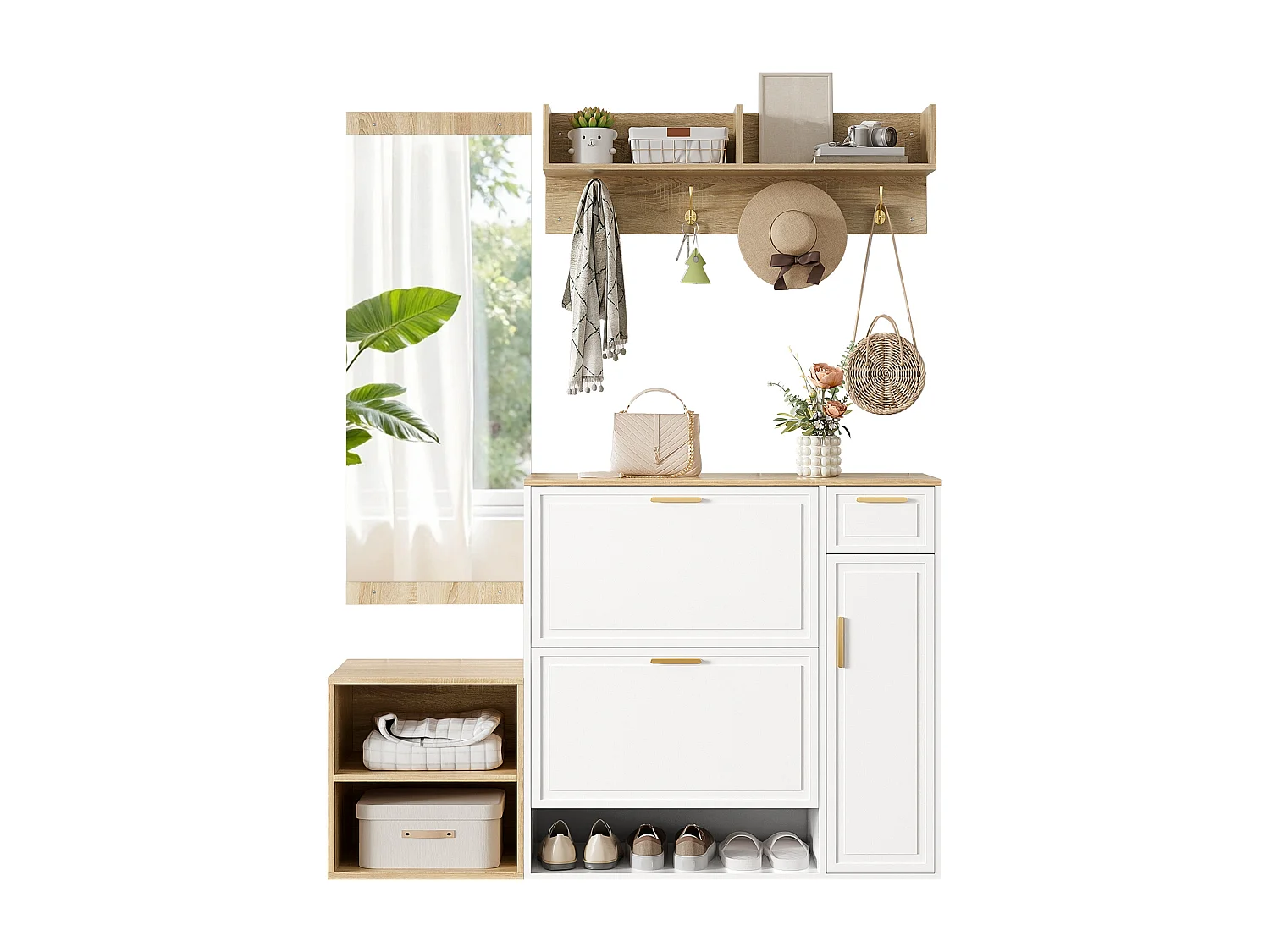 4-teiliges Kleiderschrank-/Aufbewahrungsset – mit Schuhschrank, Bank, Wandgarderobe und Spiegel – Spanplatte – weiß