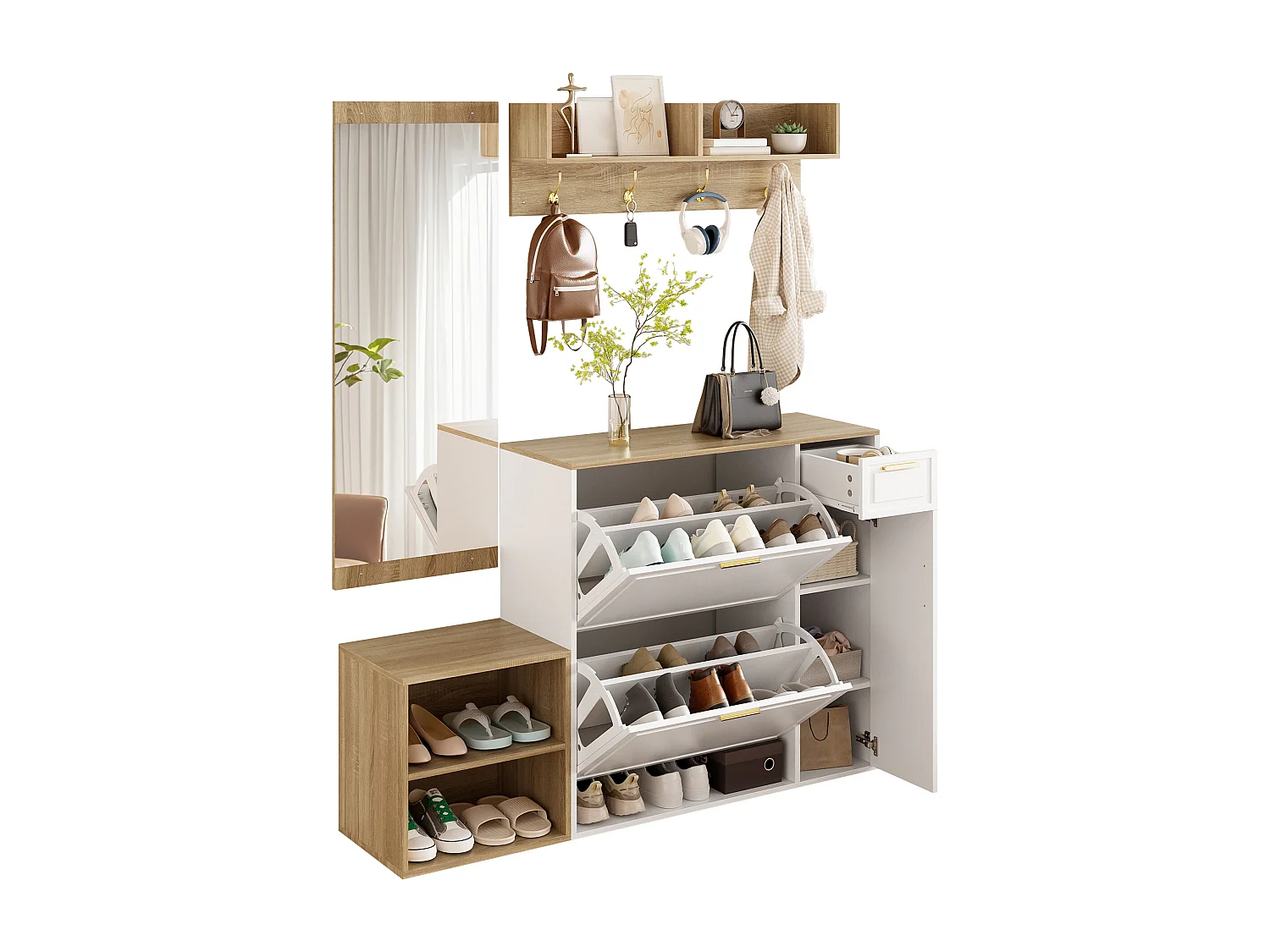 4-teiliges Kleiderschrank-/Aufbewahrungsset – mit Schuhschrank, Bank, Wandgarderobe und Spiegel – Spanplatte – weiß