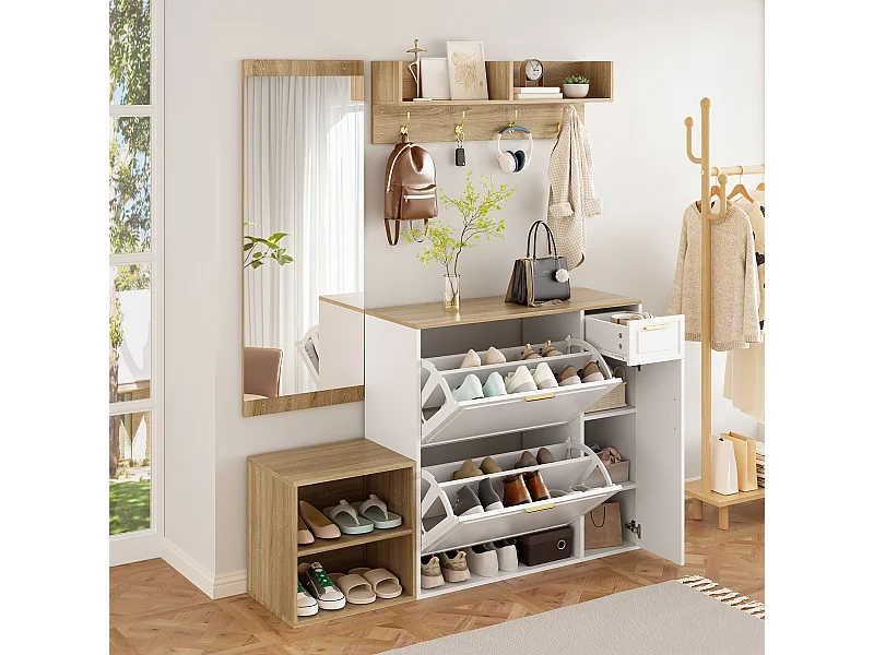 4-teiliges Kleiderschrank-/Aufbewahrungsset – mit Schuhschrank, Bank, Wandgarderobe und Spiegel – Spanplatte – weiß