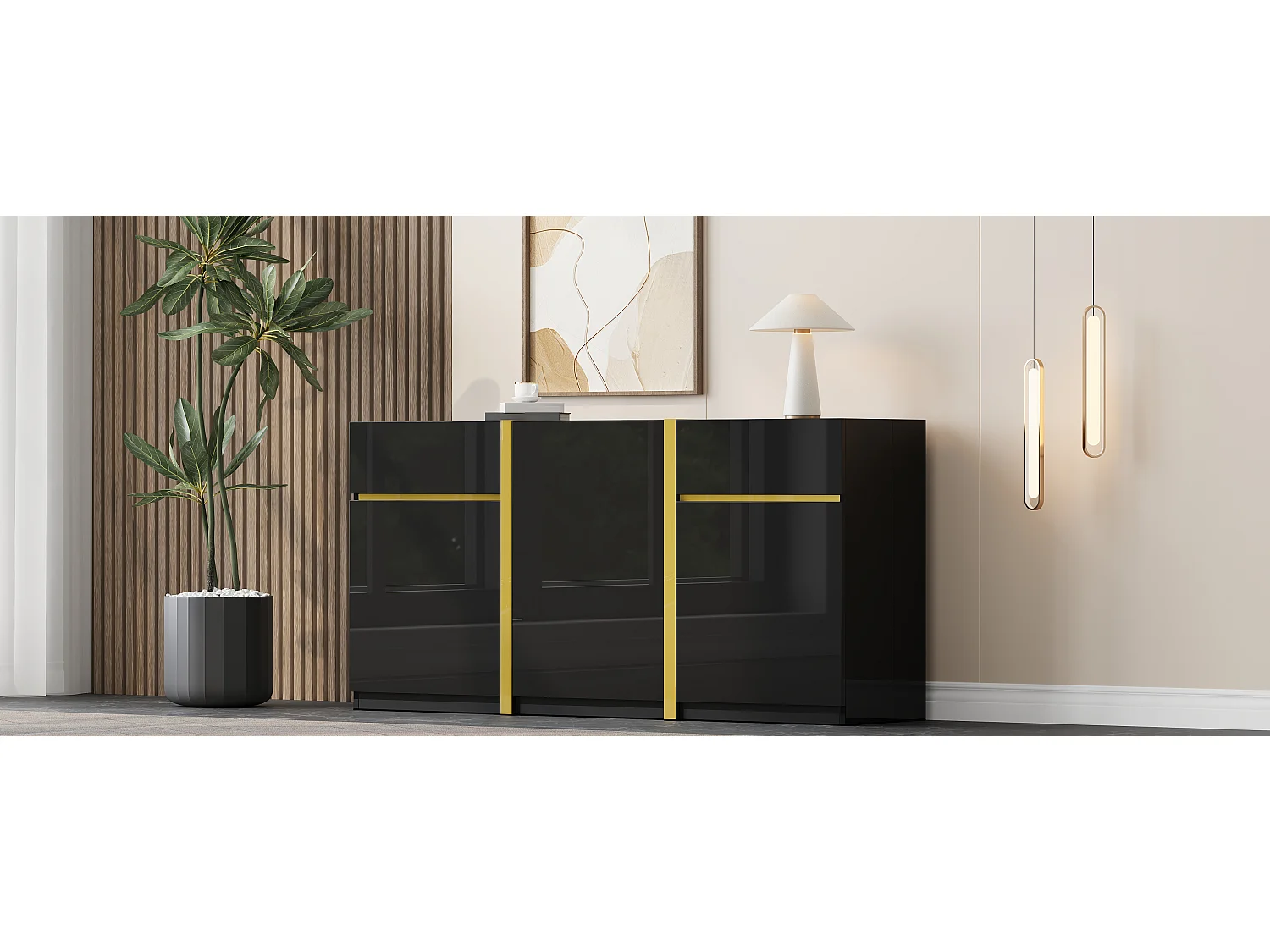 Nowoczesna, lakierowana na wysoki połysk komoda - 160 x 40 x 78 cm - z 3 drzwiami + 2 szufladami - MDF - czarna