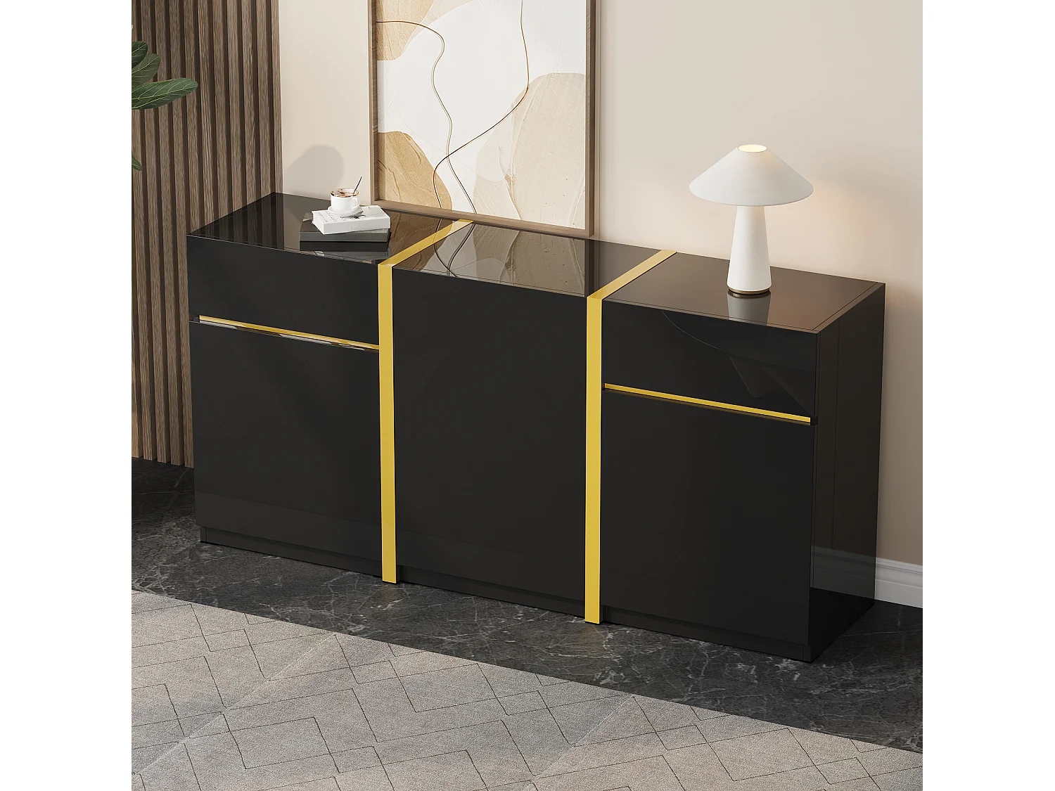 Nowoczesna, lakierowana na wysoki połysk komoda - 160 x 40 x 78 cm - z 3 drzwiami + 2 szufladami - MDF - czarna