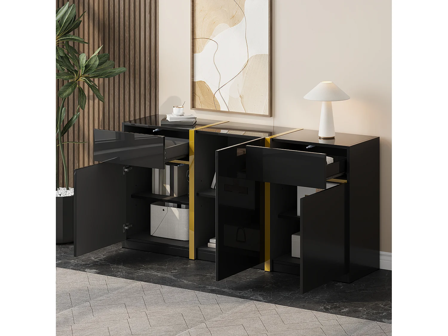 Nowoczesna, lakierowana na wysoki połysk komoda - 160 x 40 x 78 cm - z 3 drzwiami + 2 szufladami - MDF - czarna