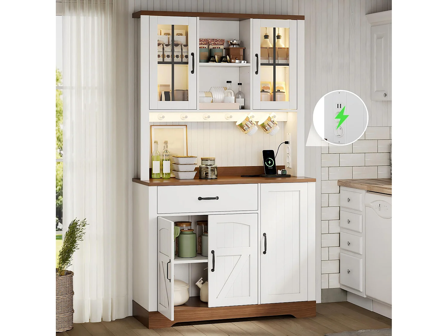 Kredens kuchenny w stylu stodoły - 105 x 40 x 185 cm - z szufladą, diodami LED i gniazdkami oraz 5 drzwiami - MDF - biały