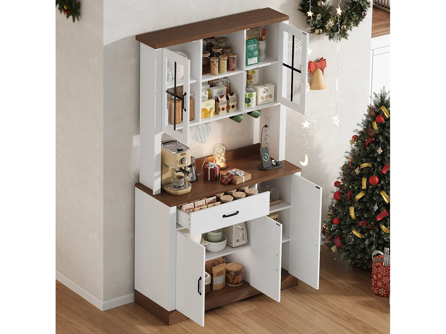 Kredens kuchenny w stylu stodoły - 105 x 40 x 185 cm - z szufladą, diodami LED i gniazdkami oraz 5 drzwiami - MDF - biały