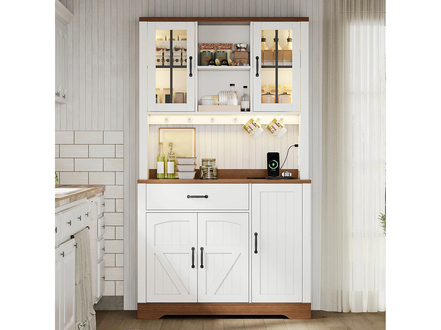 Kredens kuchenny w stylu stodoły - 105 x 40 x 185 cm - z szufladą, diodami LED i gniazdkami oraz 5 drzwiami - MDF - biały