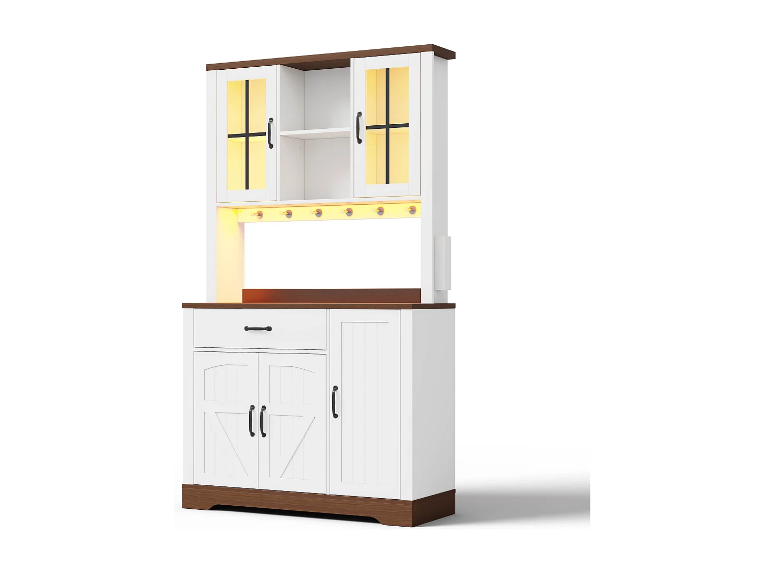 Kredens kuchenny w stylu stodoły - 105 x 40 x 185 cm - z szufladą, diodami LED i gniazdkami oraz 5 drzwiami - MDF - biały