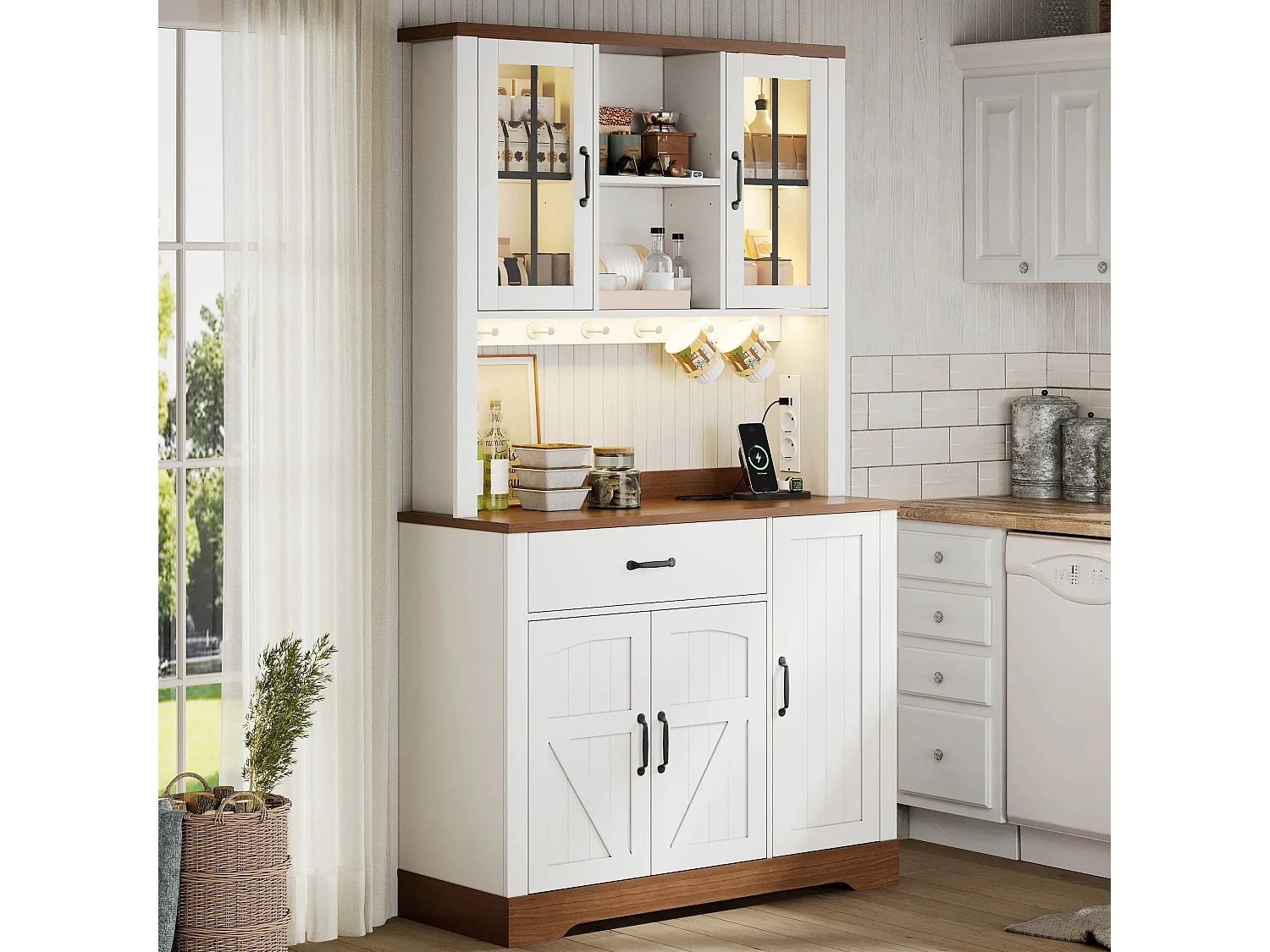 Kredens kuchenny w stylu stodoły - 105 x 40 x 185 cm - z szufladą, diodami LED i gniazdkami oraz 5 drzwiami - MDF - biały