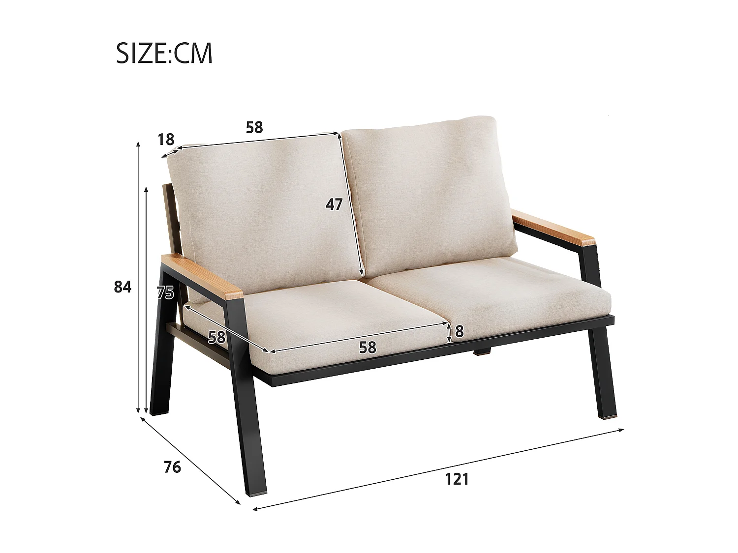 2-Sitzer-Gartensofa – 121 x 76 x 84 cm – mit Kissen und Armlehnen – verzinkter Stahl – beigegrau