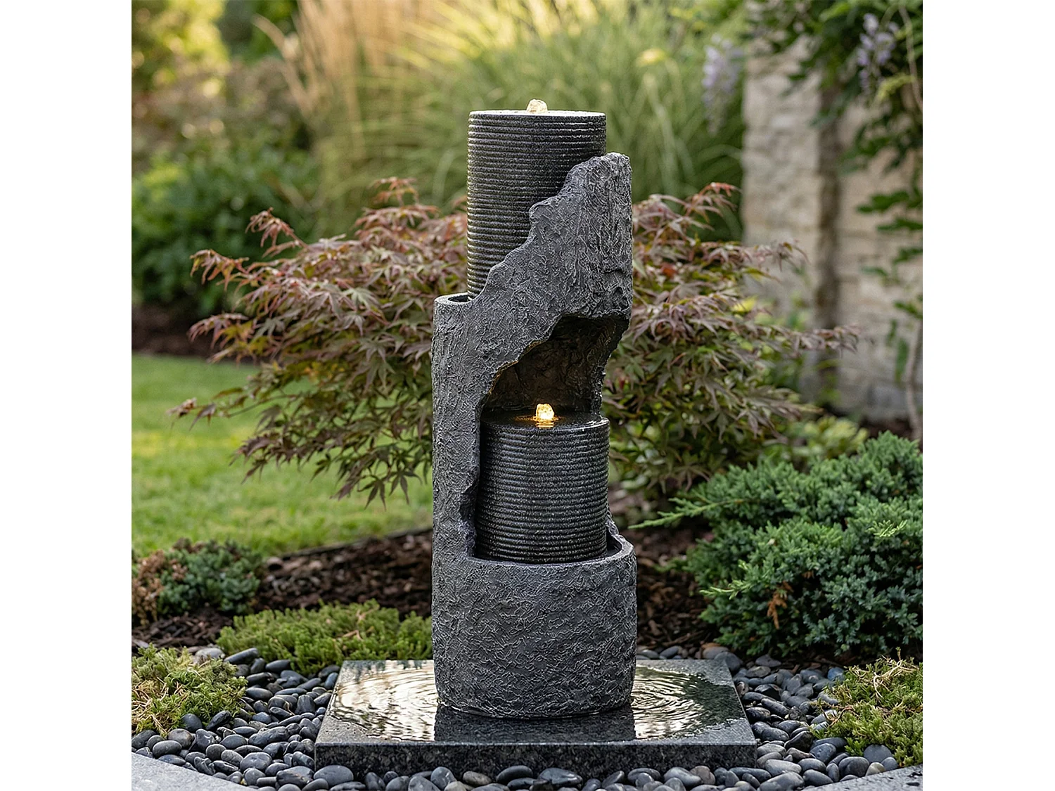 Tuinfontein voor tuin en terras - 34,5 x 34,5 x 100,5 cm - met LED's + waterpomp - Kunsthars - grijs